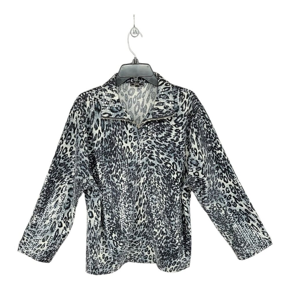 Lisa International Womens Jacket Leopard 1X Textured Black White Casual Full Zip